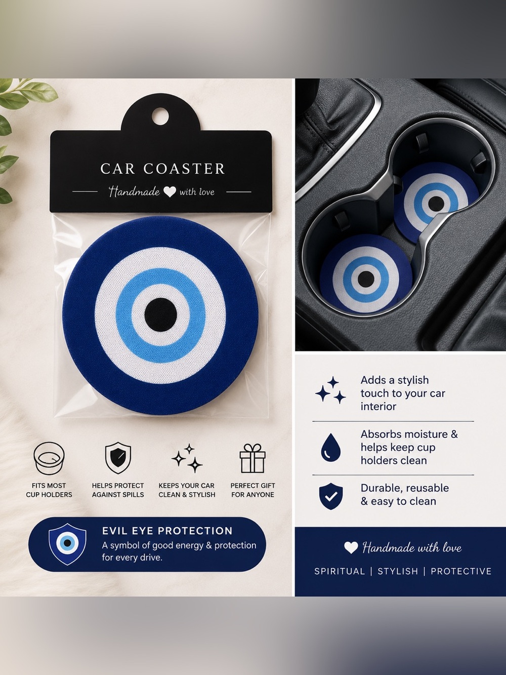 Evil Eye Car Coaster - Blue Target Design
